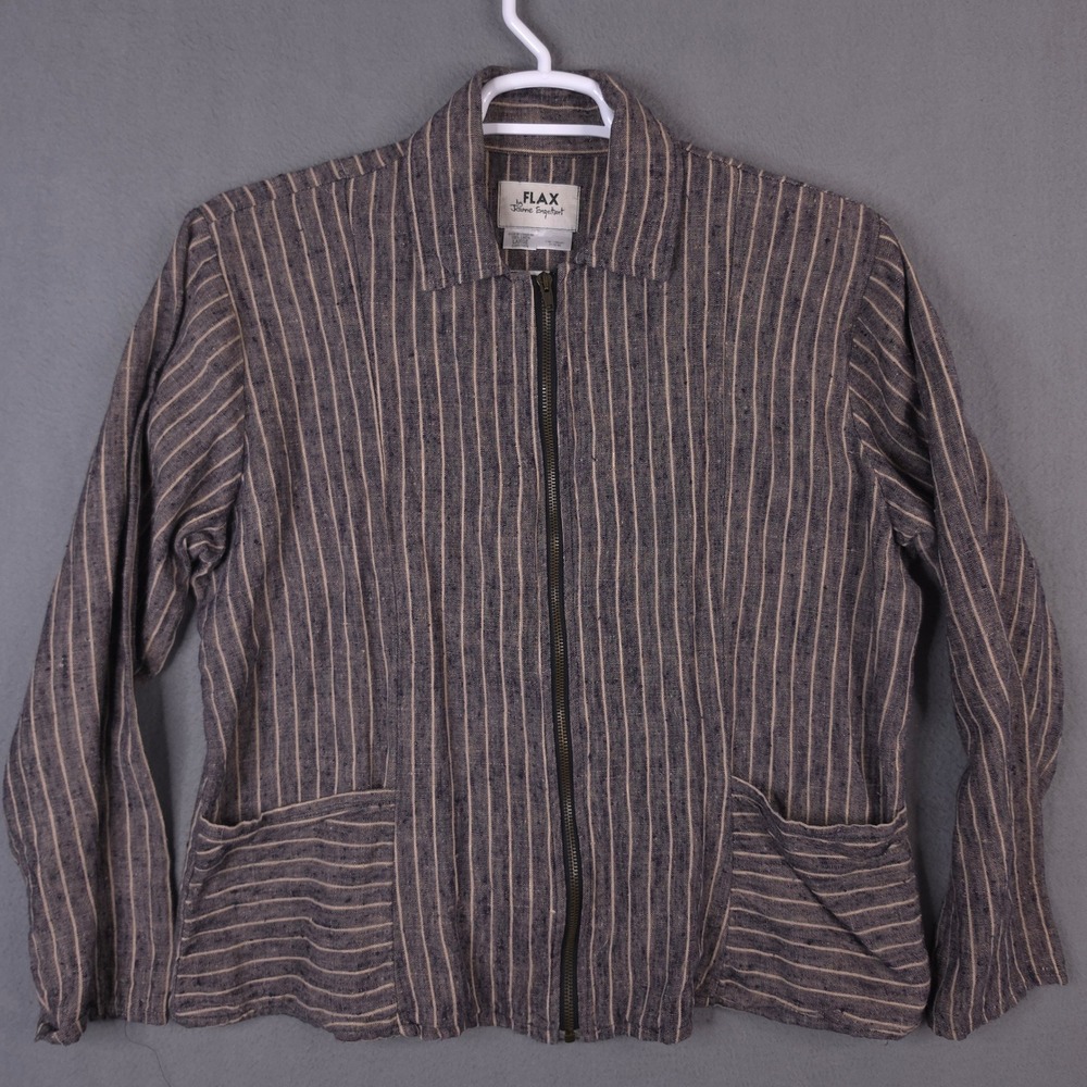 FLAX by Jeanne Engelhart Women Large Blue Tan Striped 100% Linen Zip Up Jacket